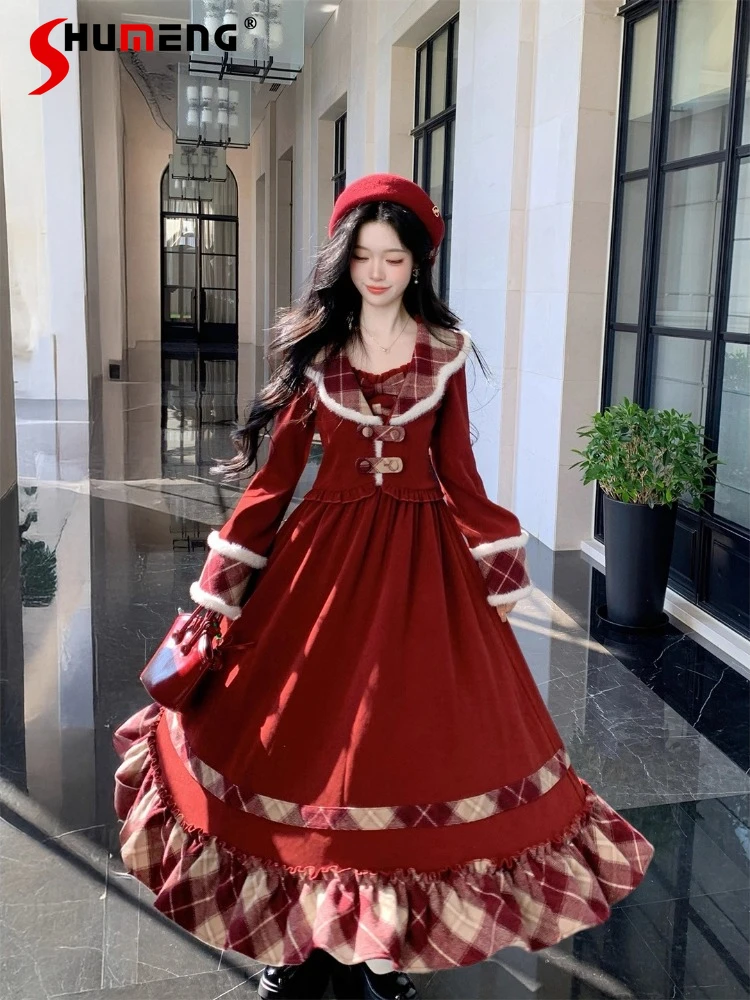 

French Elegant Retro Christmas Red Dresses Set Plush Long Sleeve Short Jackets Sleeveless Long Dress Two-Piece Set Women Winter