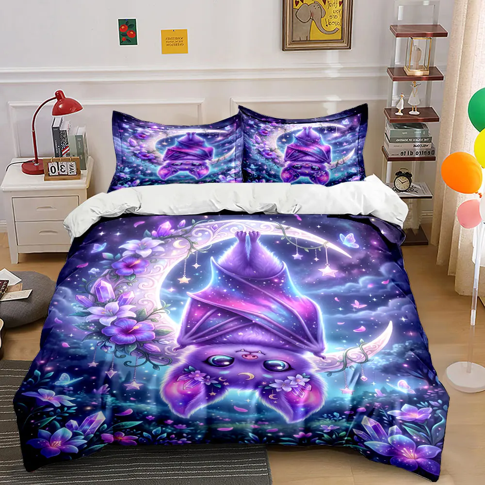Dreamy purple bat with moon stars Print Bedding Set 1 Duvet Cover 2 Pillowcases for Adult and Children Luxury Gift Full Size