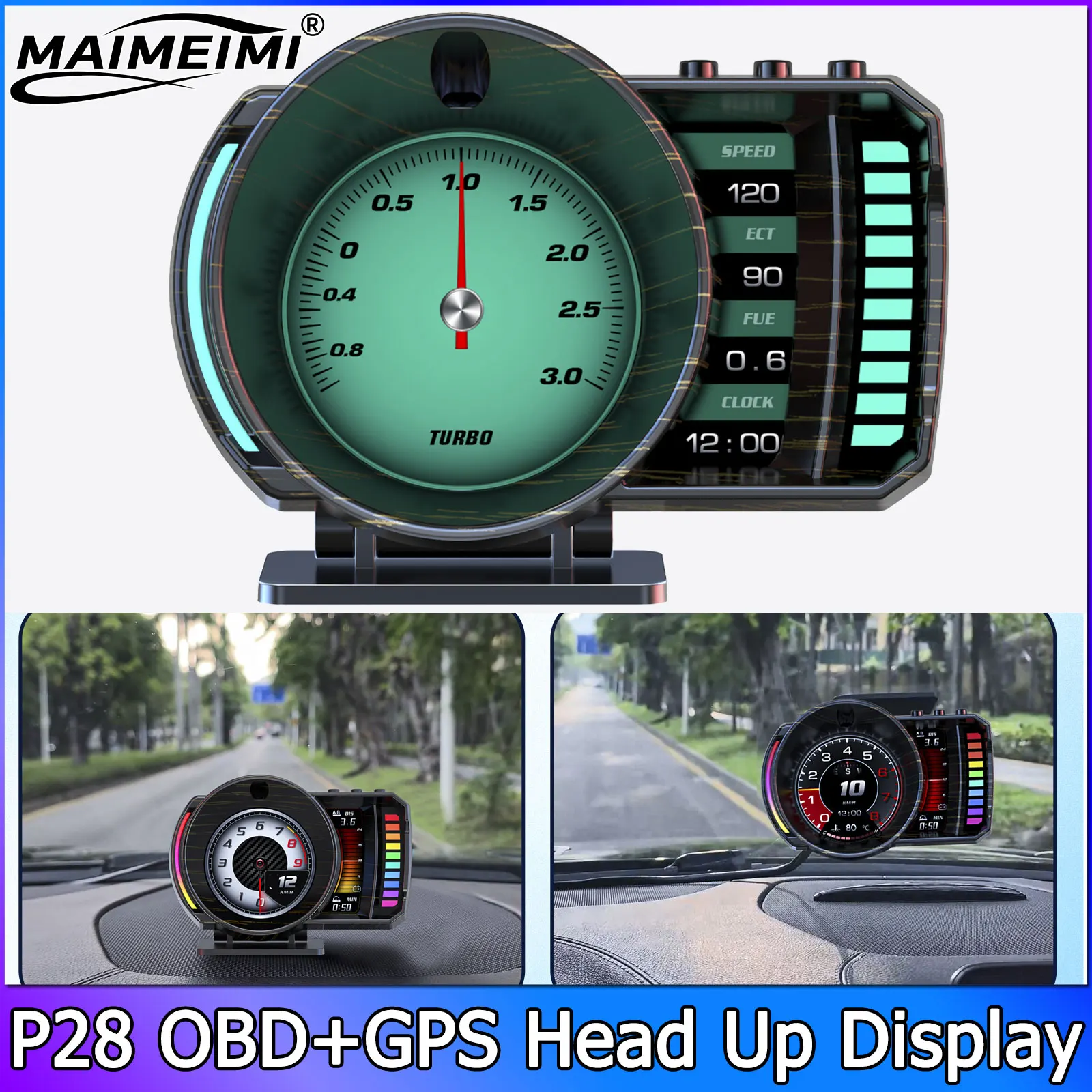  P28 Turbo Boost Gauge OBD2 GPS Dual System HUD Car Head Up Display Speed Voltage Fuel Consumption Water Temp Oil Press Slope