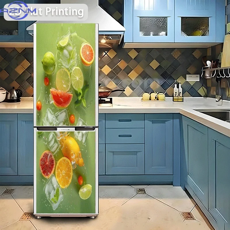 1pc 2D Flat Design Refrigerator Sticker, 23.62×70.87inch, A Refreshing Encounter of Colorful Fresh Fruits and Ice Cubes on a C