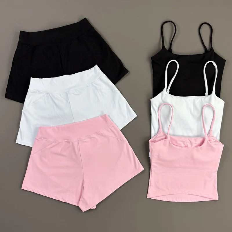 2 Piece Women Fitness Set Origin Strappy Top High Stretch Yoga Shorts Soft Stretchy Gym Running Workout Pilates Bicycle Suit