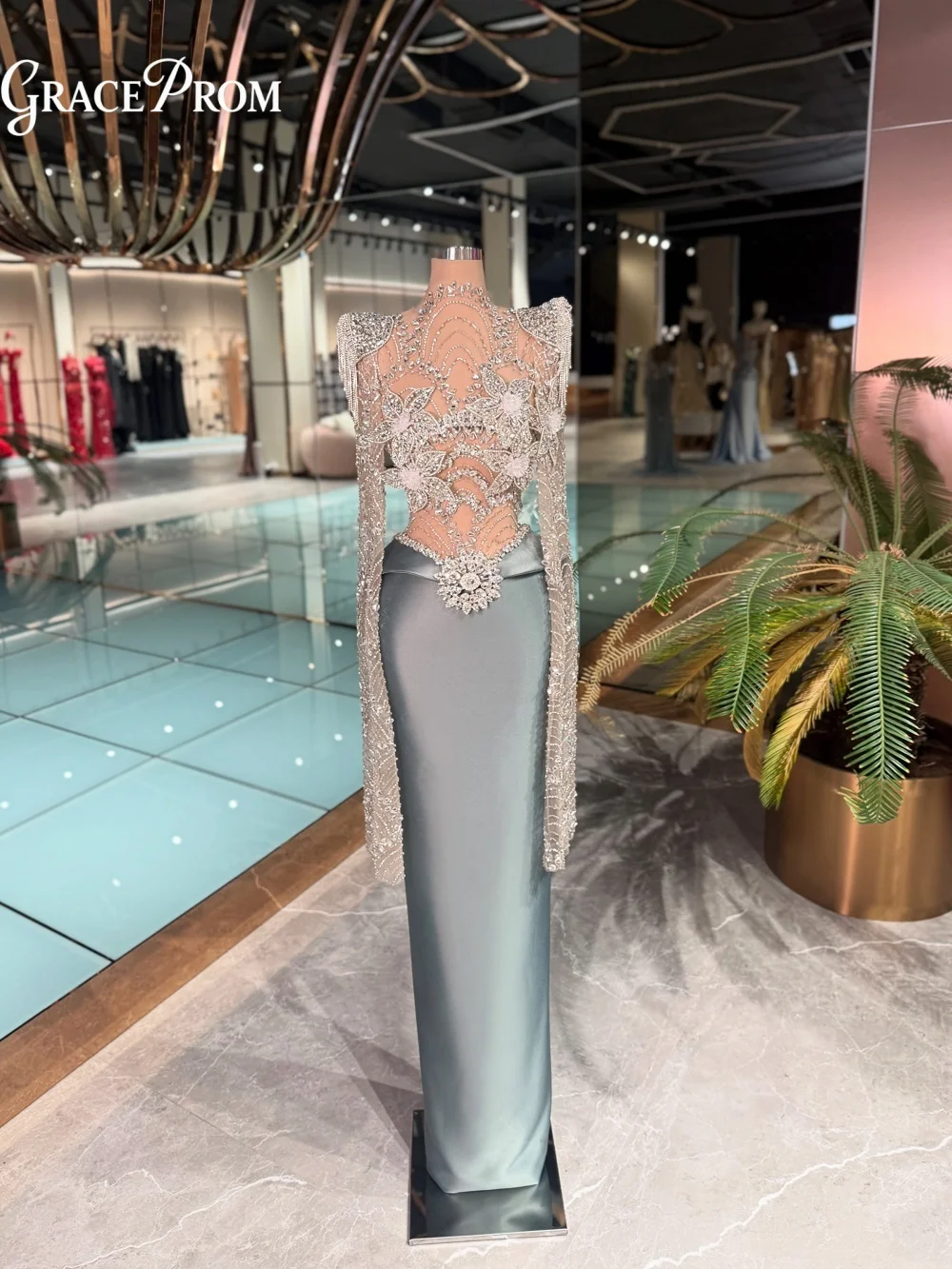 Glamorous Gray Satin Mermaid Evening Gown Lustrous Long Sheer Floral Beaded Crystal Party Dress For Wedding Guests فساتين سهرة