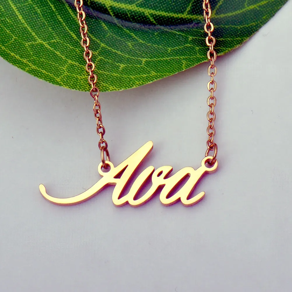 

AOLOSHOW Ava Shaped Pendant Name Necklace for Women Gold Plated Stainless Steel Engraved Nameplate Jewelry Gift