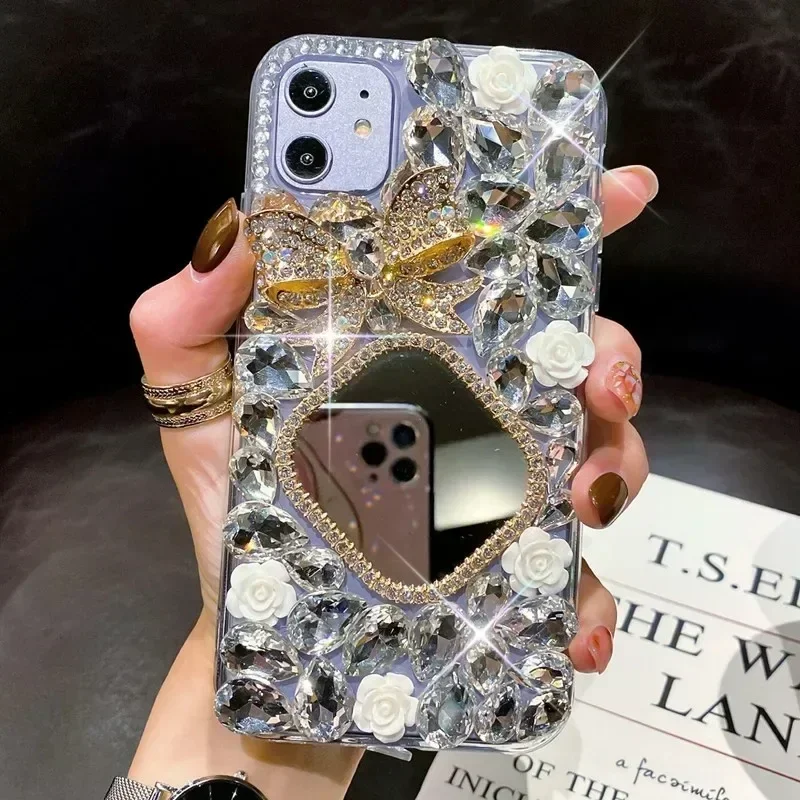 

Luxury Diamond Bowknot Flower Bling Crystal Mirror Case Cover for iPhone, 16Plus 15Pro, 14Plus, 13 Pro, 12 Mini, 11Pro MAX