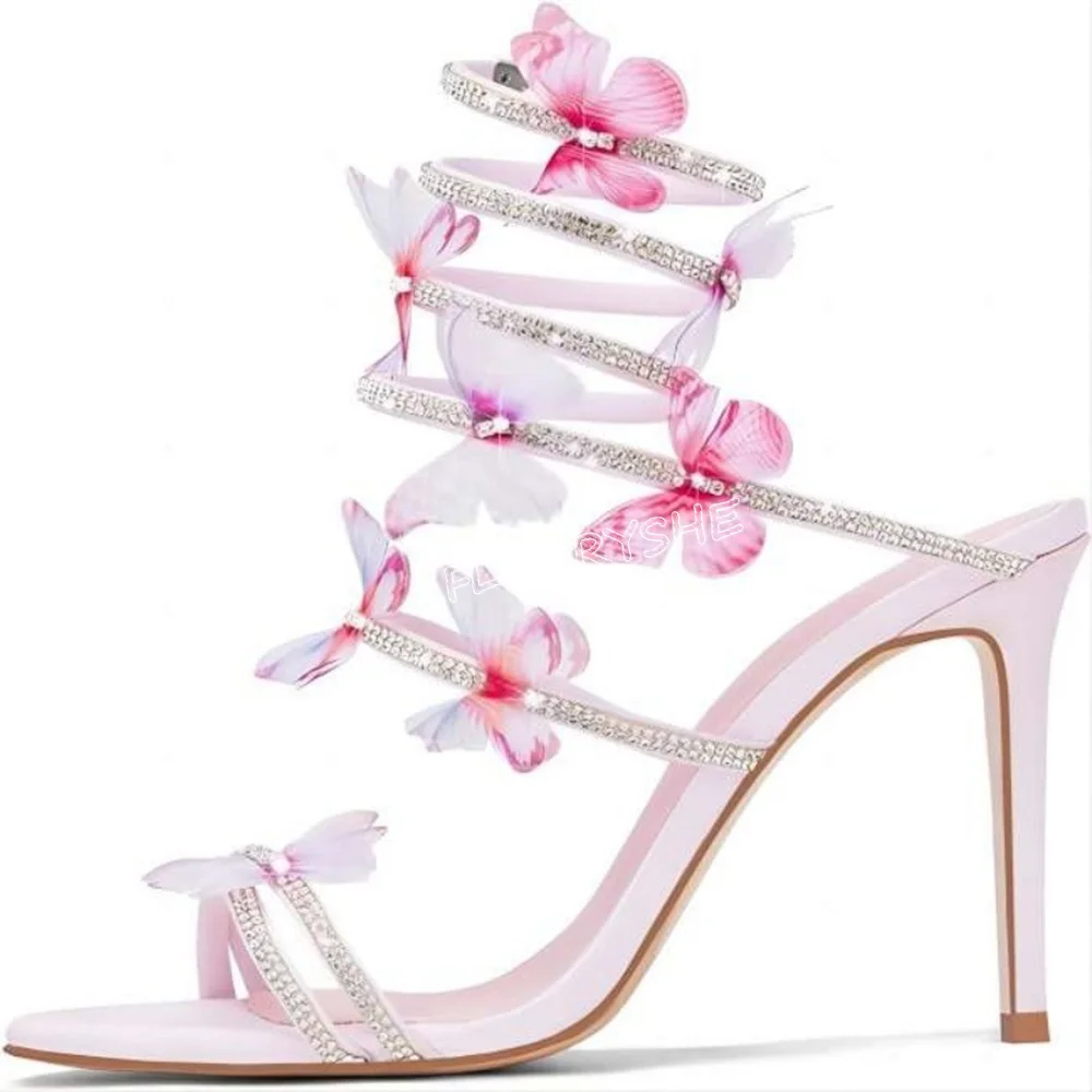 Sandalias de aguja de mariposa rosa para mujer, zapatos de punta redonda, tacón alto fino, con diamantes de imitación, para fiesta, verano, 2024