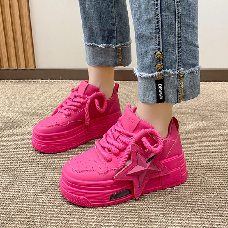 Autumn Leather Pink Chunky Sneakers Platform Lace-up Thick Sole Casual Shoes Women 2024 Slip on Fashion Outdoors Walking Shoes