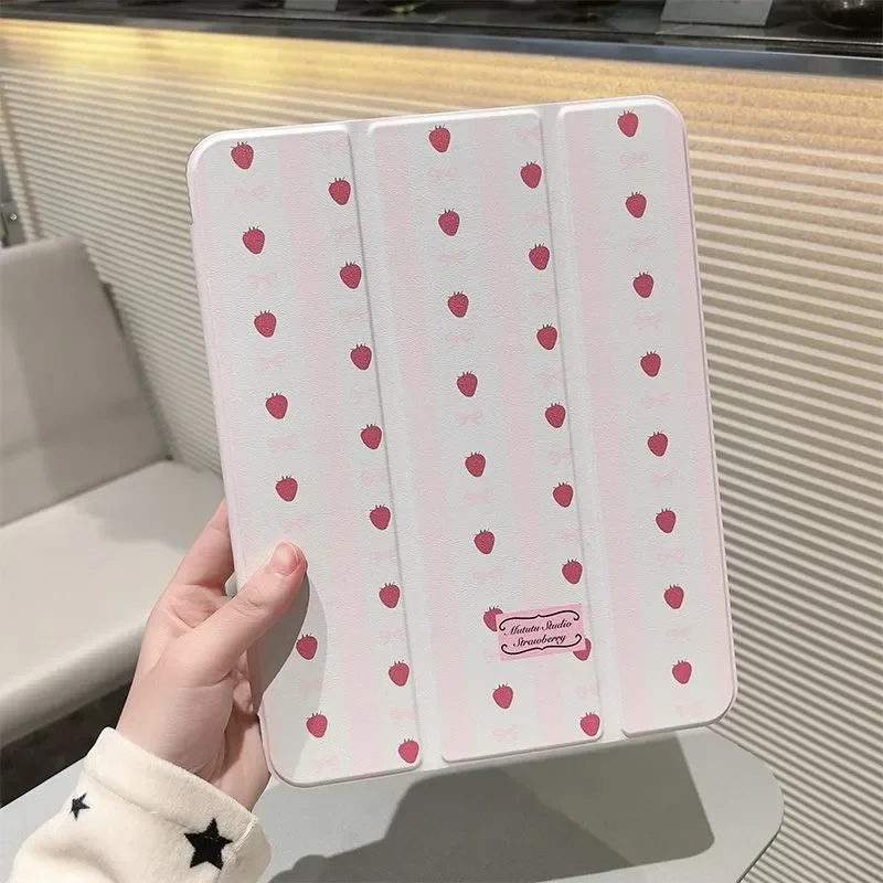 Korean Red Strawberry Bow Y2K Tablet Case For iPad Pro 13in 11th M5 M4 12.9in A16 7/8/9/10th Air4/5/6/7 11in M2 M3 Mini Cover