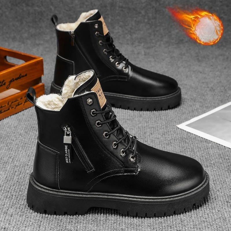 

Winter High Top Leather Men's Suede Boots Thick Soled Ankle Boots with Height Increasing Straps Thick Black Leather Snow Boots