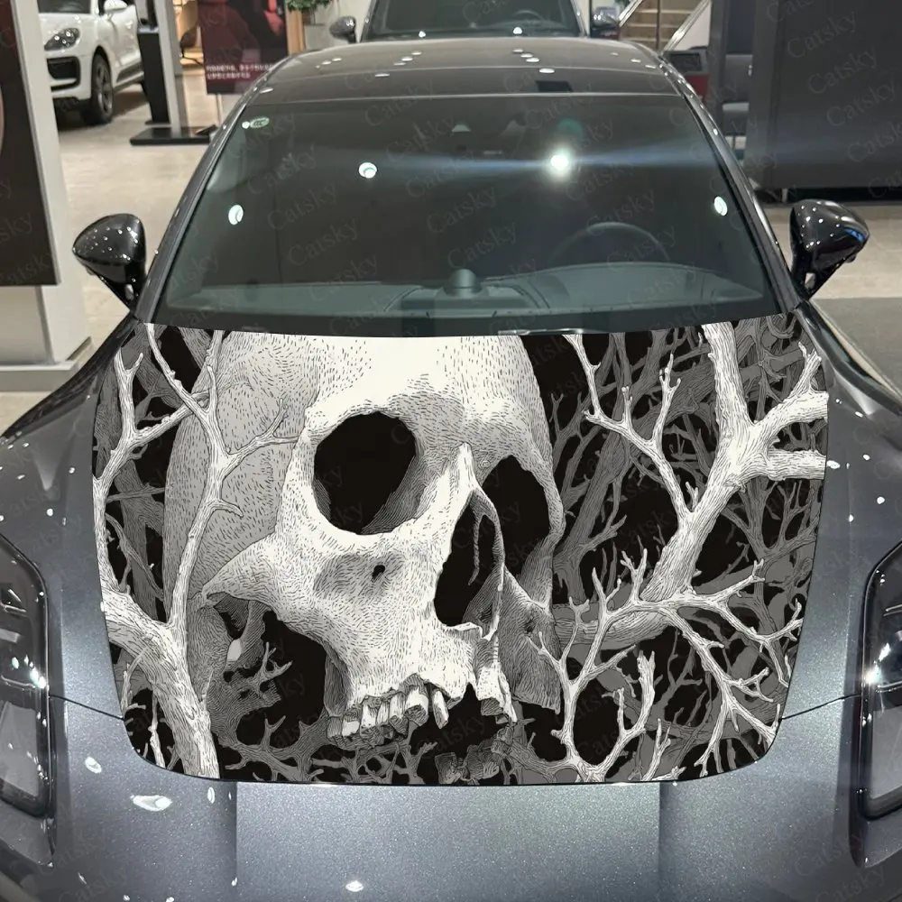 

Skull Branch Black White Art PVC Car Hood Wraps, Self-Adhesive Waterproof Car Bonnet Decal Sticker, Car Decoration Protection St
