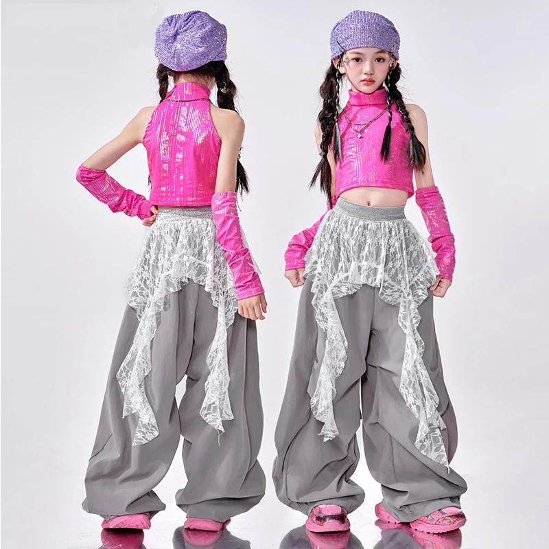 2025 Nouveau Kpop Jazz Dance Outfit Filles Défilé De Mode Costume De Scène Rose Débardeur Gris Ligne Pantalon De Danse Cool Street Dancewear 2181