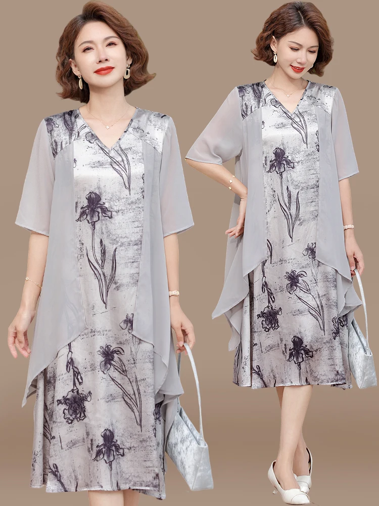 

Модная летняя юбка миди для мам, свободного кроя, из шифона и полиэстера, с V-образным вырезом, для женщин среднего возраста