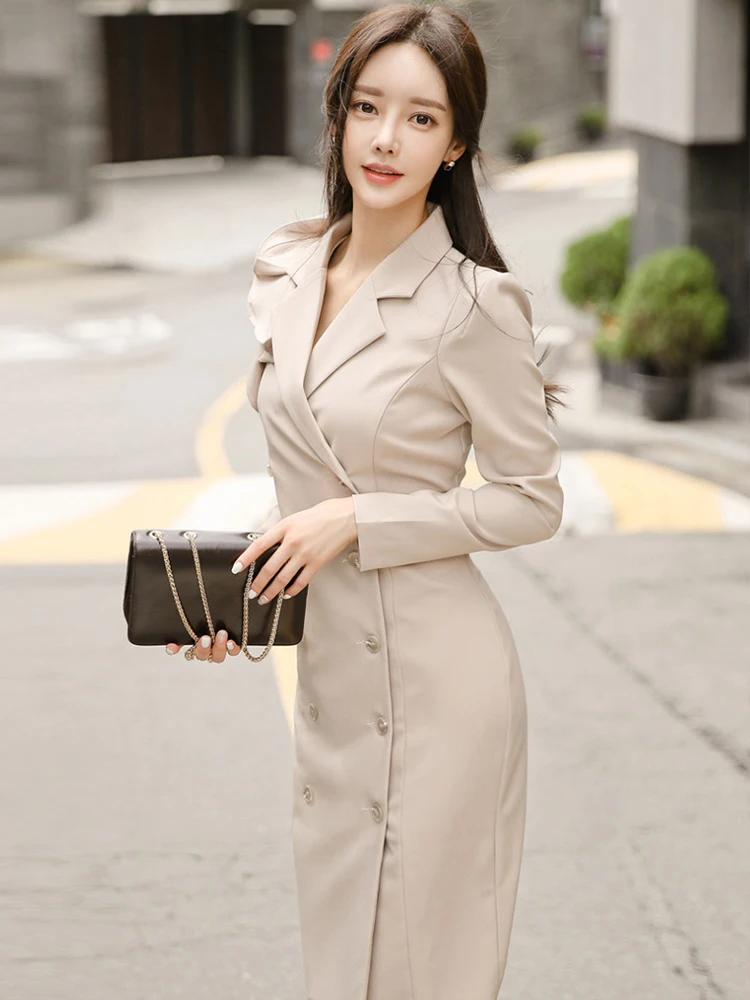 Ropa de mujer, Blazer Formal, solapa con volantes lisos, cinturón delgado, Vestido de tubo por debajo de la rodilla, Vestido elegante Vintage para ir al trabajo, estilo de trabajo nuevo