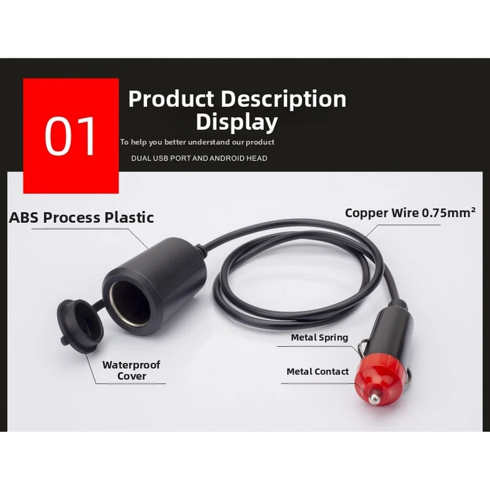 Car Charging Car Power Charger LED Switch Cable Waterproof Car Power Cable Black 60W Power Output Built-in Waterproof Cover