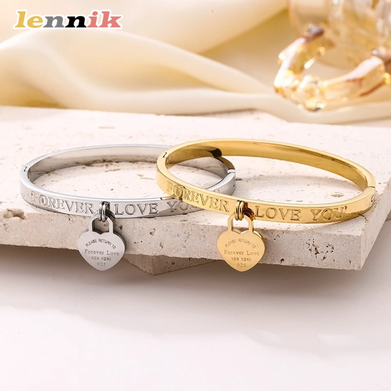LENNIK Mode Design Für Immer Liebe Doppel Pfirsich Herz Armband frauen Titan Stahl Armband Hohe Qualität Armband Schmuck