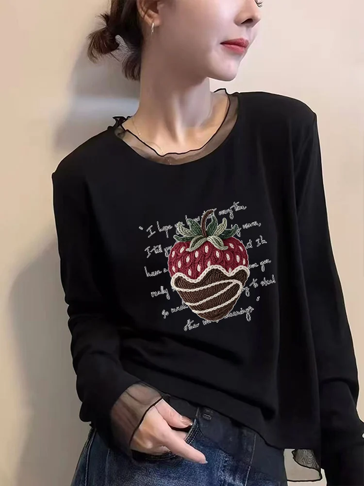 Korean Style Long Sleeve T-Shirt Women's Mesh Lace under Shirt Fashionable Versatile Slimming Top Commute Style Winter Season