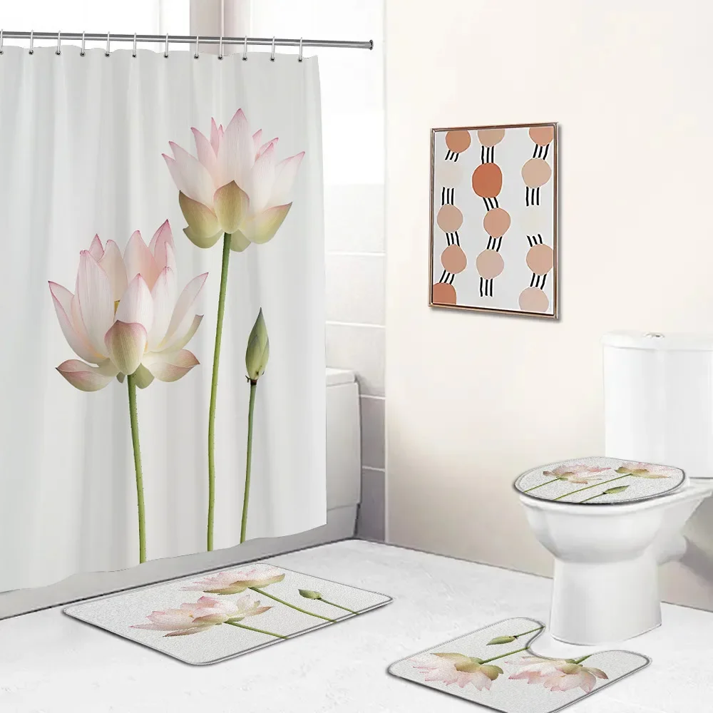 Lotus Summer Shower Curtain Set Pink Flower Chinese Style Home Wall Hanging White Floral Bath Decor Bathtub Rug Toilet Lid Cover