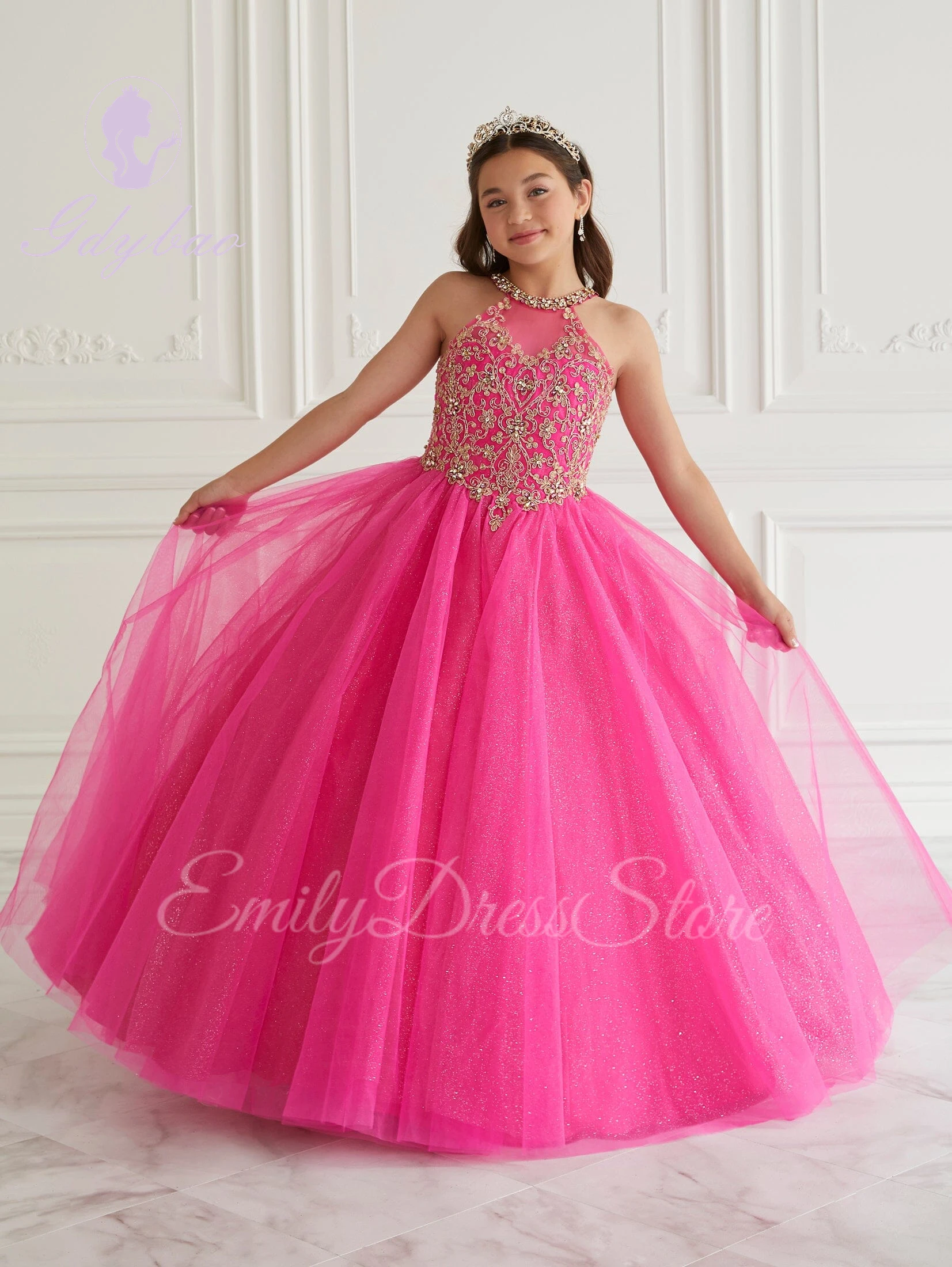 Hot Pink Flower Girl Jurk voor Bruiloft Puffy Beaded Shining Tulle Kids Birthday Christmas Eerste Communion Party Ball Gowns