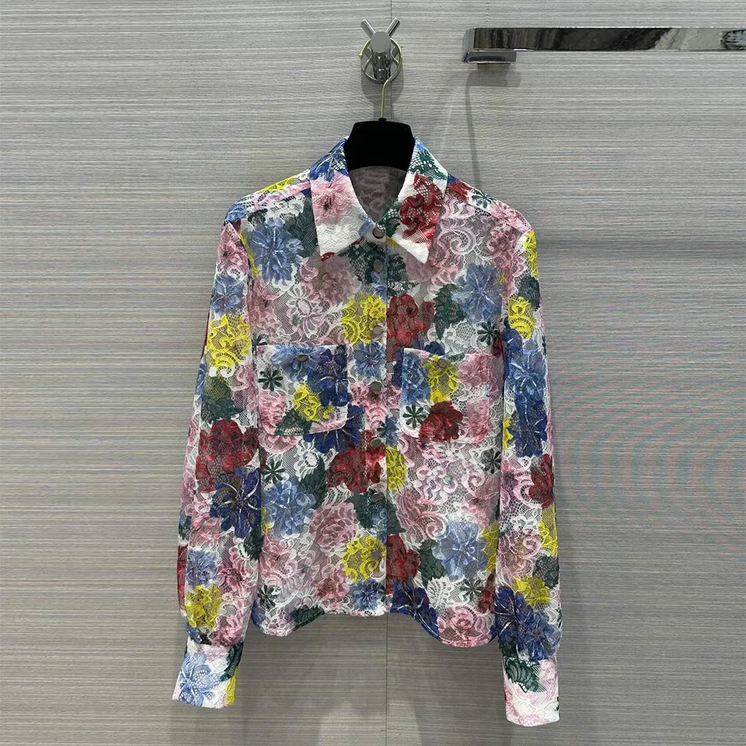 

2024 New Spring Fashion Lace Embroidery Floral Print Shirt Women Lapel Long Sleeve Single Breasted Sweet Vintage T-shirt