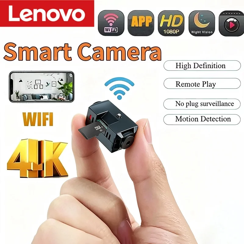 Câmera de Vigilância Sem Fio Lenovo Mini 1080P com Visão Noturna, Leve, Portátil, Detecção de Movimento, Câmera de Qualidade Premium