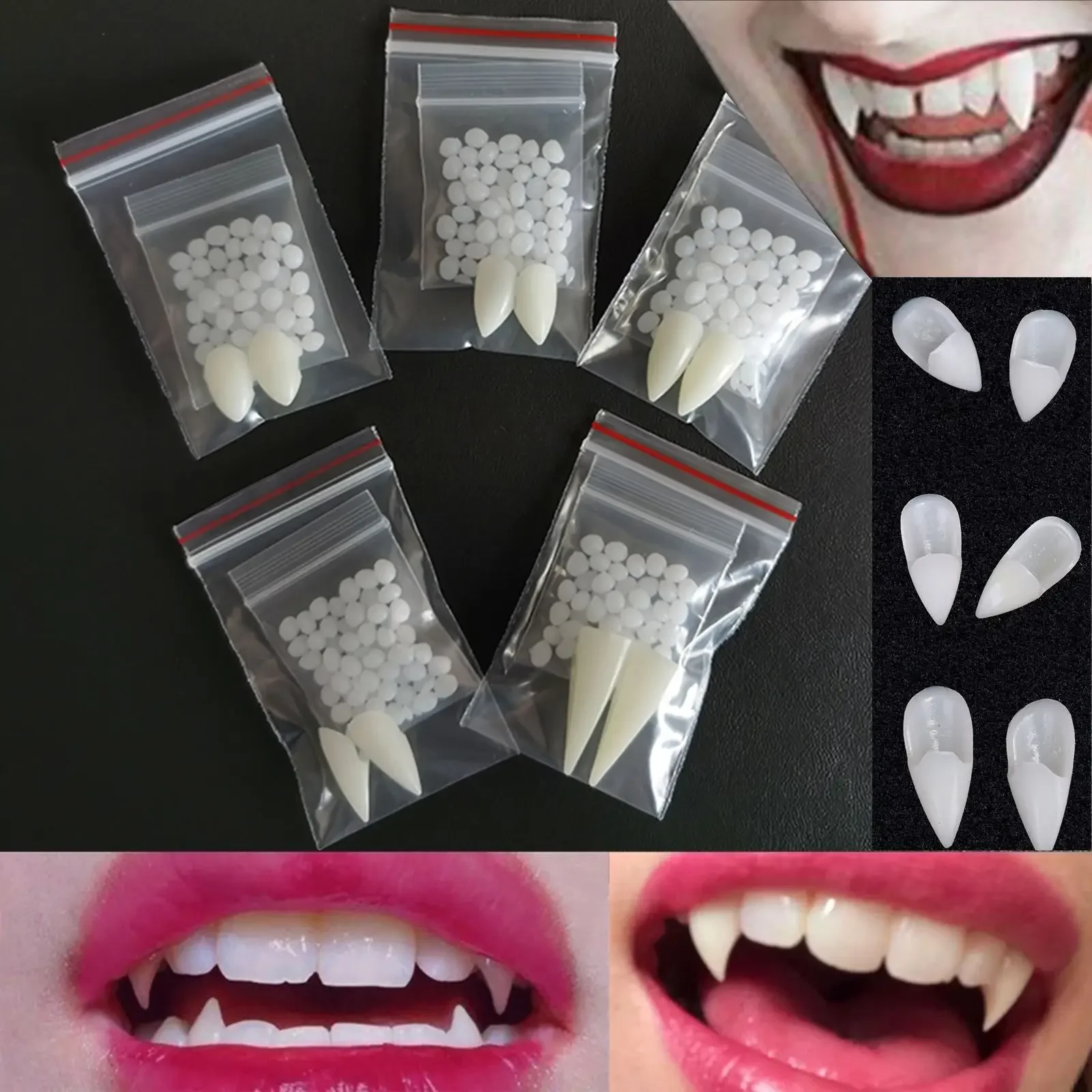 Decorazione di Halloween denti da vampiro zanne dentiere puntelli puntelli Cosplay di Halloween zanne finte con colla solida puntelli di Halloween