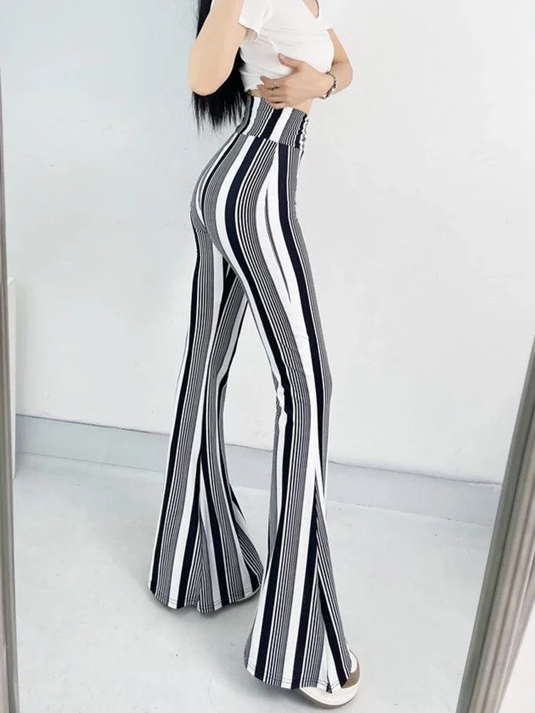 

High Waist Striped Flare Pants Women Streetwear Print Tie Dye Slim Pantalones Vintage Lenggings Spodnie Aesthetic Trousers E197