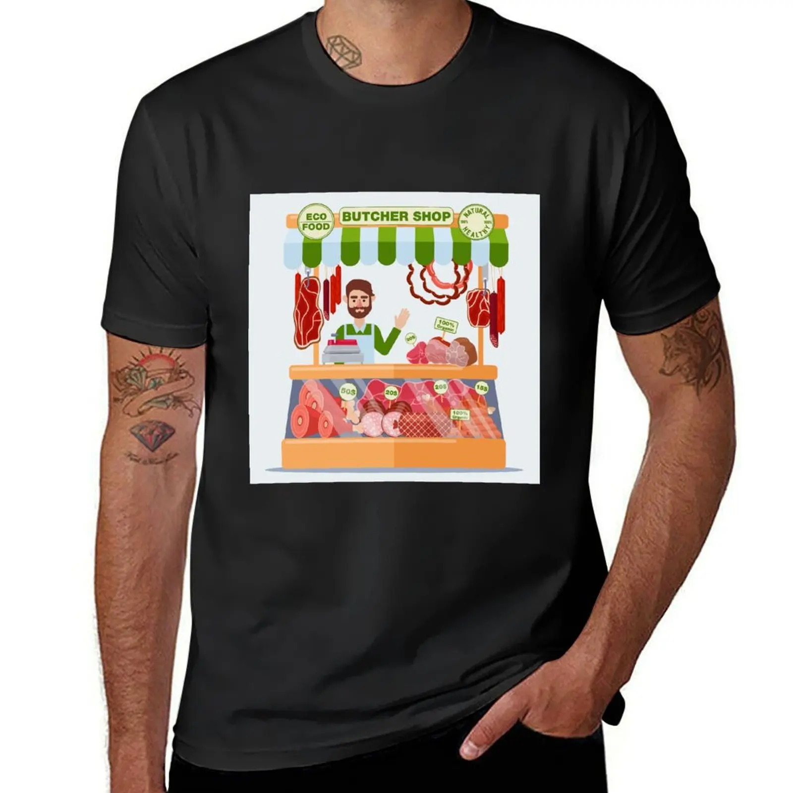 Butcher Shop. Meat Seller. Meat Products. T-Shirt animal prinfor boys customizeds plus sizes quick-drying t shirt for men