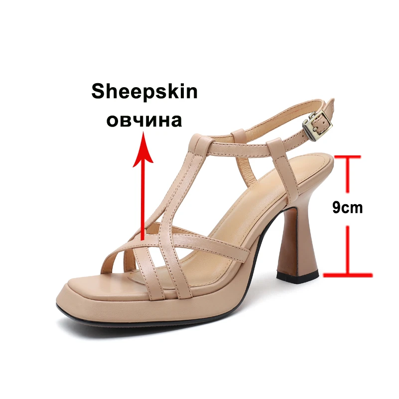 Meotina Women Genuine Leather T-Tied Sandals Square Toe Platform Block High Heels Sheepskin Buckle Narrow Band Lady Shoes Summer