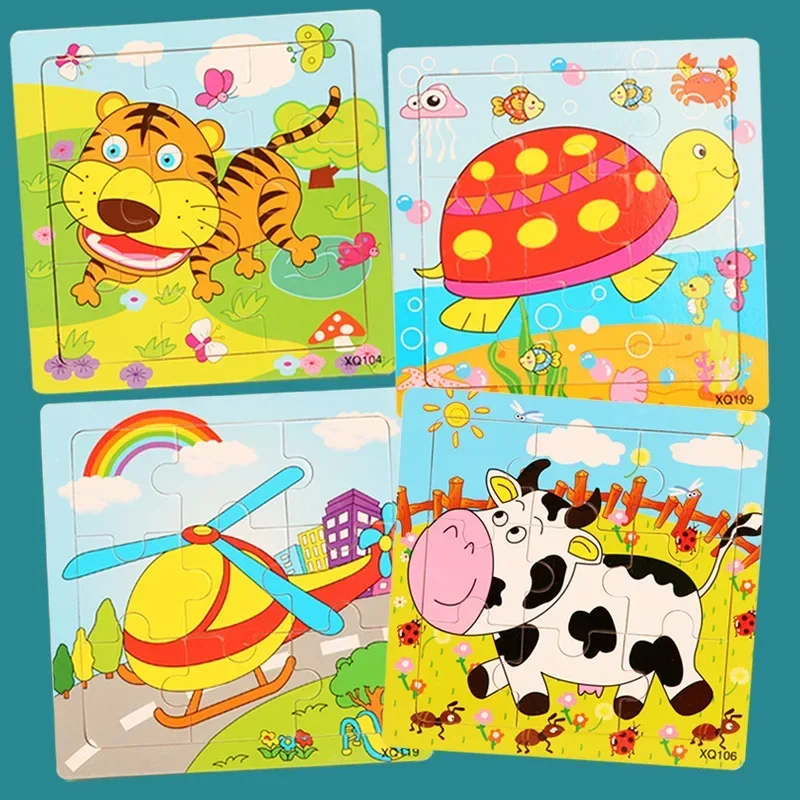 14*14CM Kids Wooden Puzzle Cartoon Animal Traffic Wood Puzzle Toys Educational Jigsaw Toys for Children Gifts Baby Toys 9 Pieces