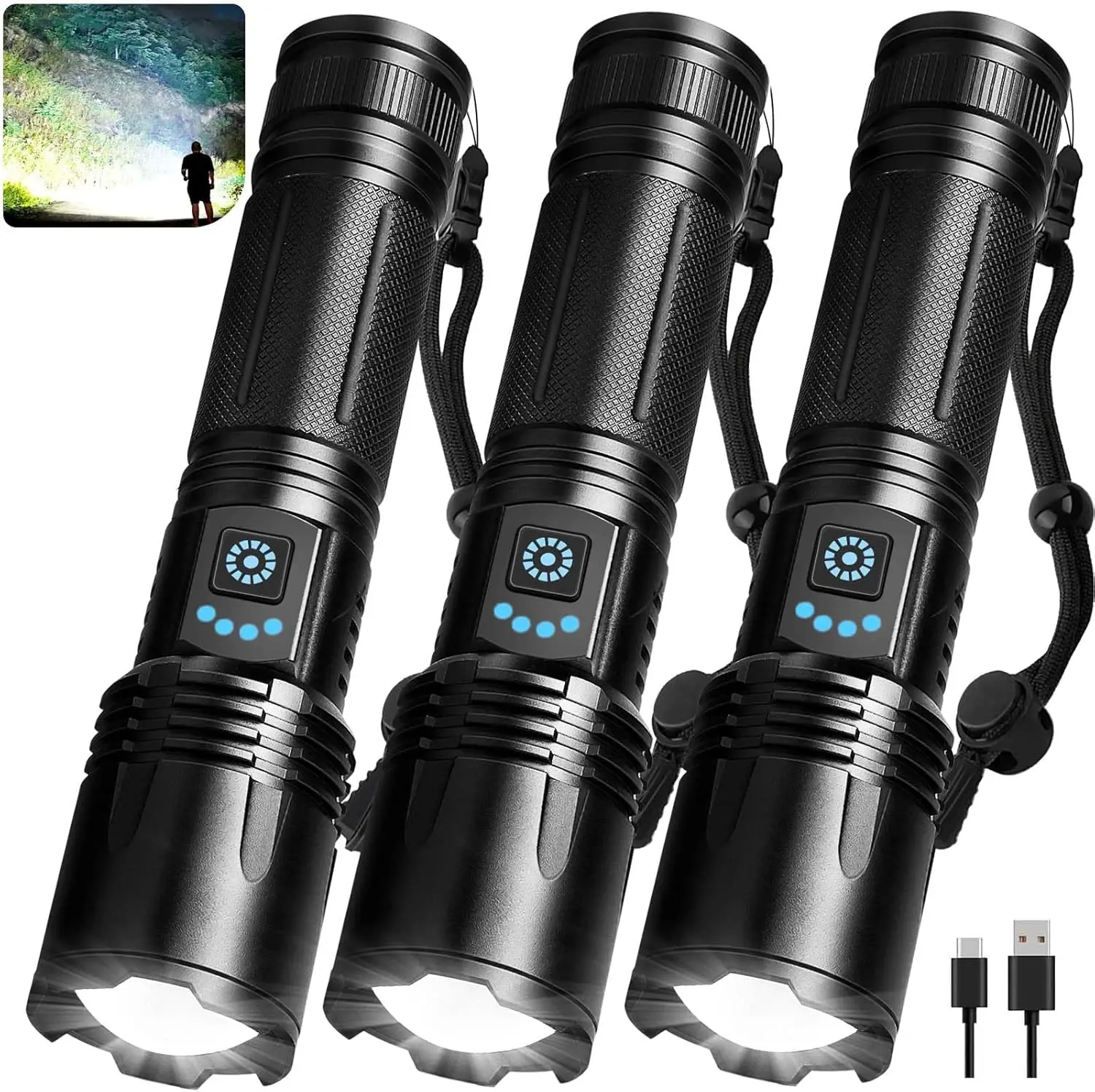 

3-Pack Rechargeable Flashlights, 99K Lumens Super Bright LED, Waterproof with 5 Modes & Adjustable Beam