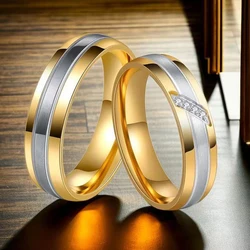 1Piece Gold Tone Silver Plated Stainless Steel Titanium Ring Cubic Zircon Rhinestone Couple Engagement Wedding Jewelry Men Women