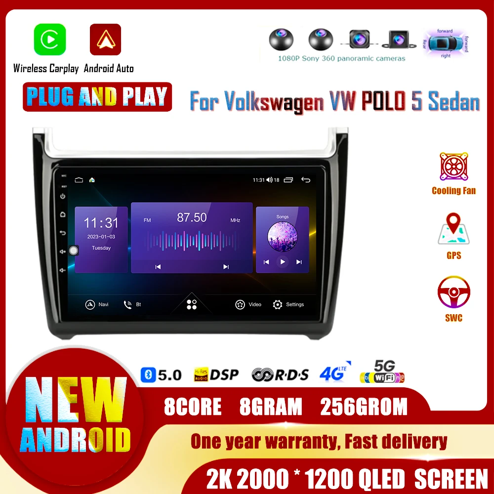 

9" Car Radio Stereo For Volkswagen VW POLO 5 Sedan 2008 - 2023 Android 14 Carplay Multimidia Video Player Navi Head Unit GPS RDS