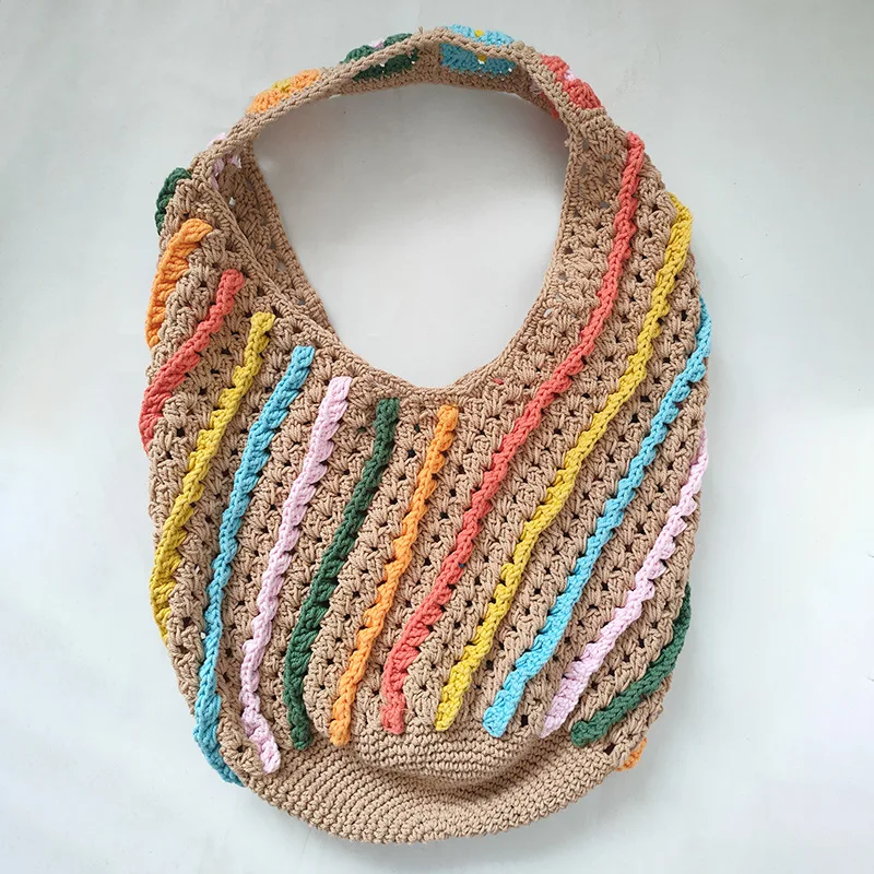 

Color Striped Woven Bucket Bag Rope Crochet Shoulder Bag Bohemian Hollow Handbag Handmade Large Beach Bags for Women Hobos Tote