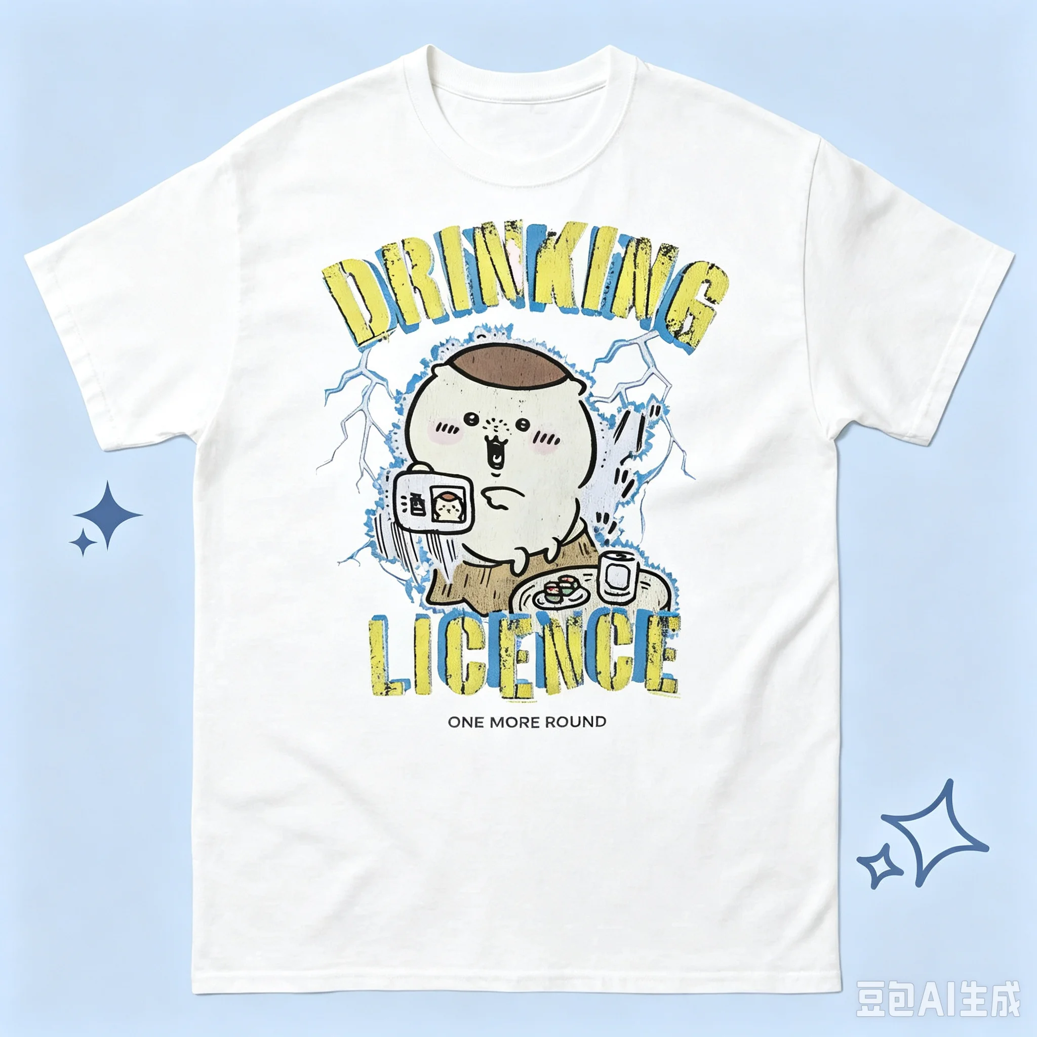 Chiikawa Kurimanjuu Drinking Licence Retro Anime T-shirt Distressed Graphic Cotton Tee Unisex Grunge Casual Streetwear Shirt