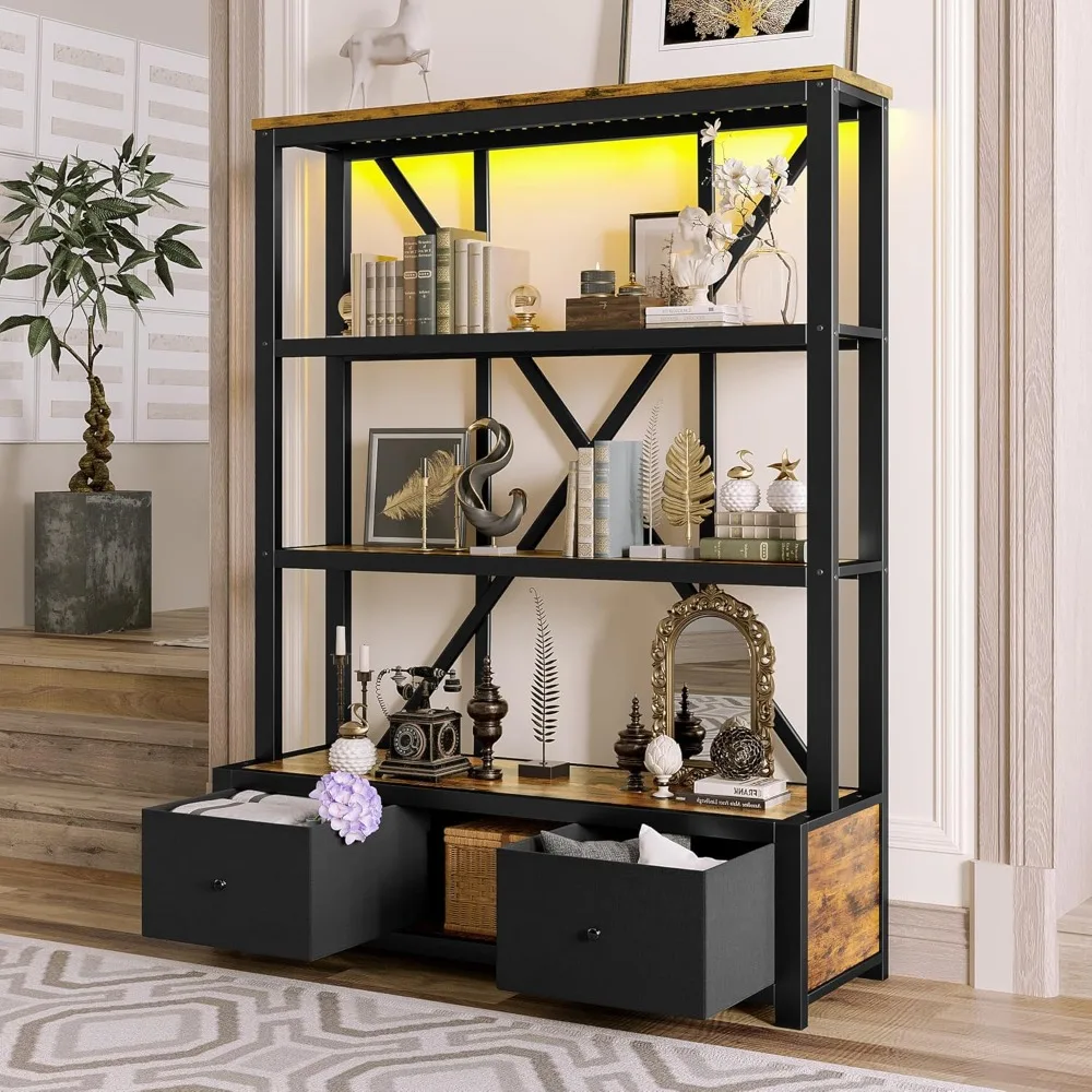 

3 Tier Bookcase with LED Light & Drawers, Industrial Metal Bookshelf, Freestanding Tall Bookshelves Display Shelf Storage Organ