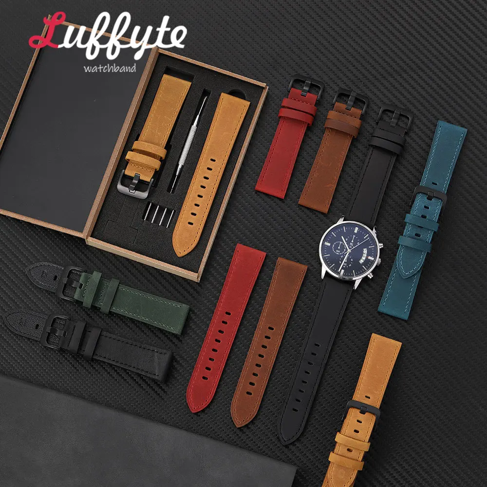 Men Calfskin Genuine Leather Watch Strap 18mm 20mm 22mm 24mm with Black Pin Buckle Gift Packing Box Fashion Retro Wristband