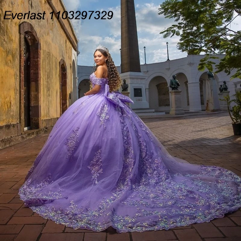 EVLAST Personalizzato Lavanda Abito Quinceanera Abito di Sfera Fiori 3D Applique Perline Arco Corsetto Dolce 16 Vestido De 15 Anos TQD618