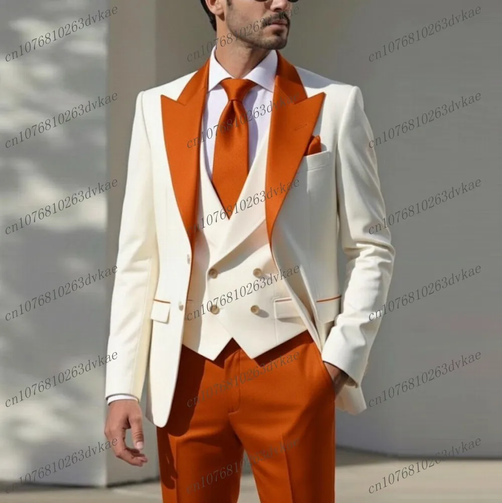 

New Orange And White Men Suit Wedding Party Formal Groom Groomsman Prom Business Male Tuxedos 3 Piece Set Jacket Vest Pants