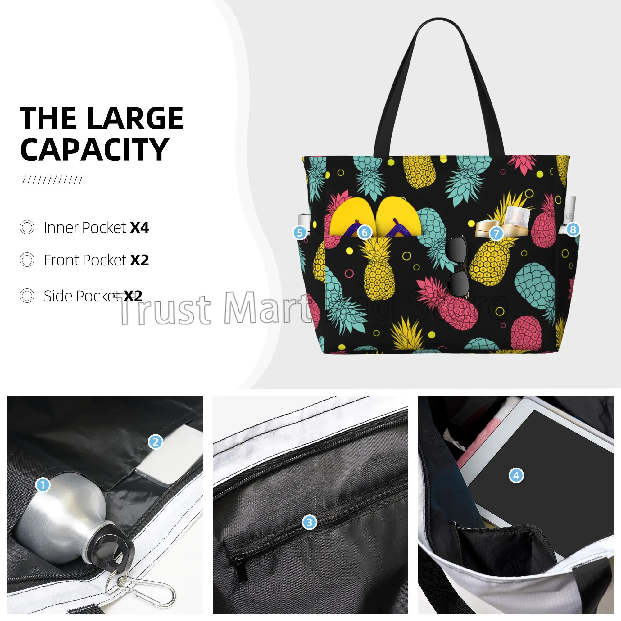 Pineapples Large Waterproof Beach Bag for Women Sandproof Tote Bag Pool Bag with Zipper and Pockets for Travel Vacation Gym