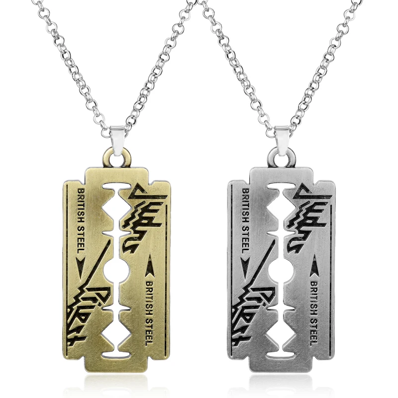 Hip Hop Rock Band Judas Priest Blade Razor Shape Pendant Necklace Long Chain Men Metal Necklace