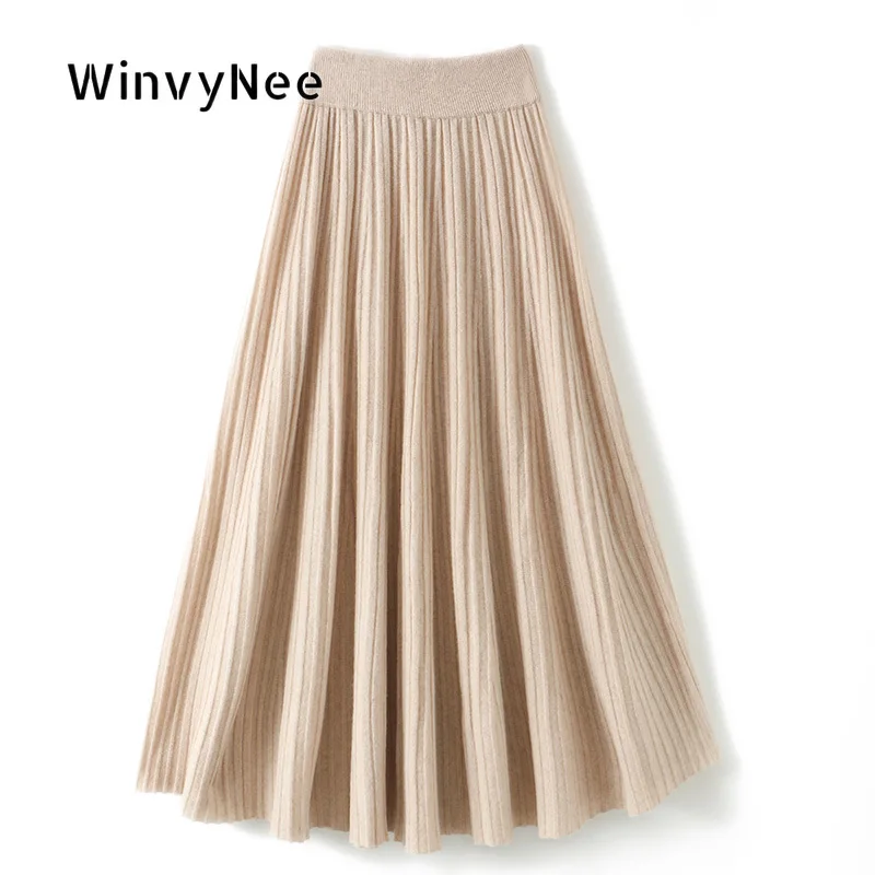 WinvyNee Women Pleated Knit Midi Skirts Warm 100% Wool Vertical Rib Swing Draped Soft Chic Autumn Winter Bottom Apparel E1853013