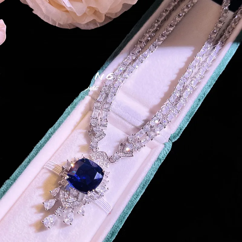 Vintage Lab Sapphire Diamond Necklace 925 Sterling Silver Engagement Wedding Chocker Necklace for Women Bridal Promise Jewelry