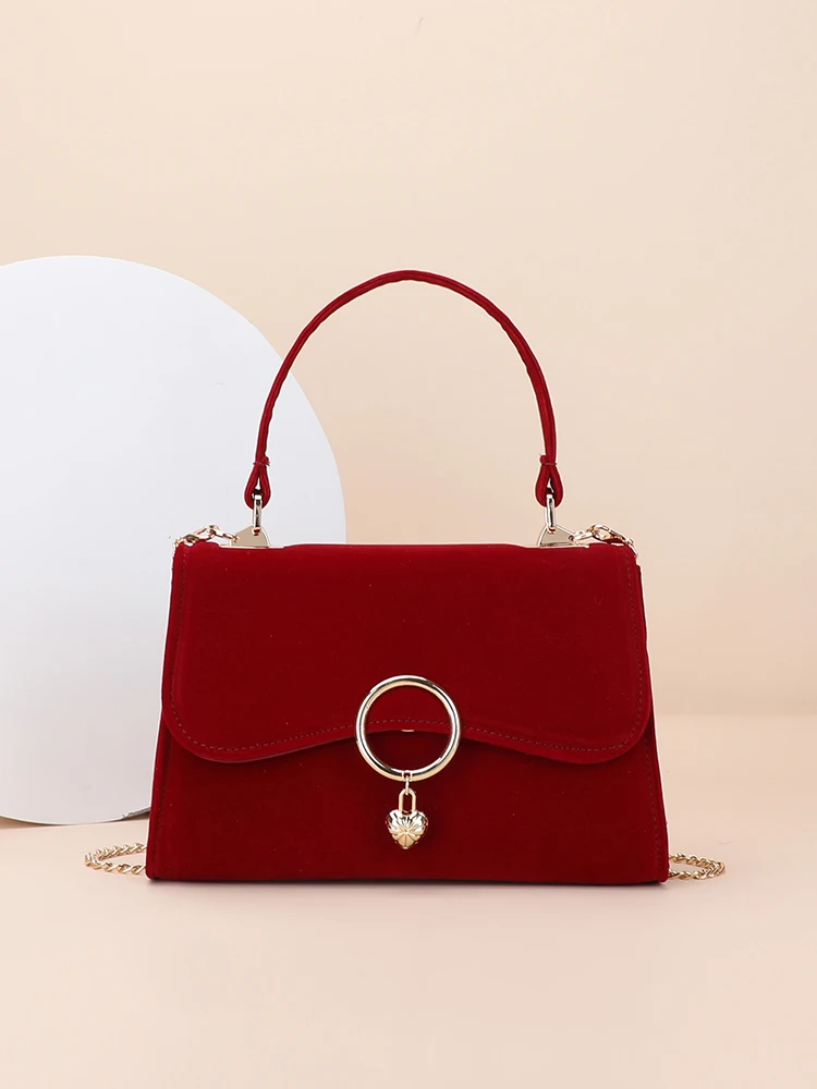 

Luxury Velvet Design Wedding Bag Women Classic Wine Red Soft Handle Small Handbags High-Grade Sense Bridal Trapeze Bag