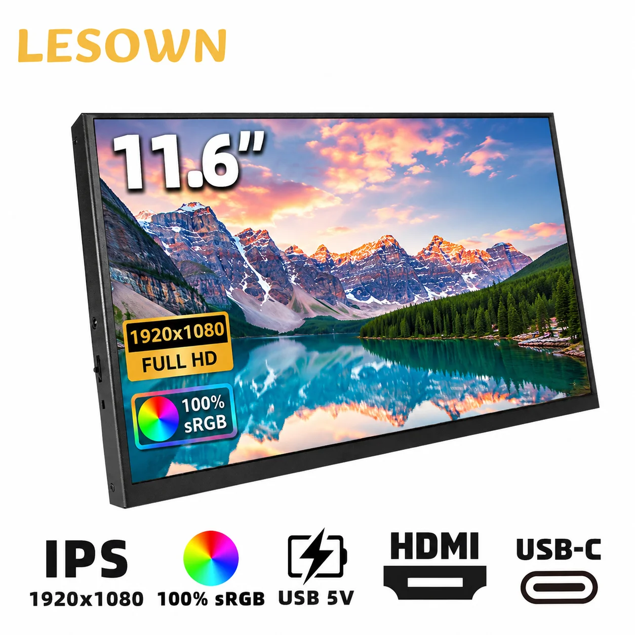 LESOWN 11.6 Inch Portable Monitor 1080P FHD Plug & Play External Display with Type-C Mini HDTV for Laptop