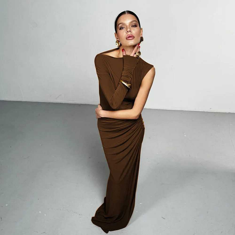 2025년 신상 여성 우아하고 섹시한 원숄더 슬리브 솔리드 컬러 슬림핏 롱 드레스