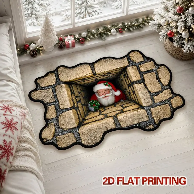 VIKAMA Christmas Santa Claus 3D Illusion Rug Stone Chimney Novelty Door Mat Funny Cozy Winter Xmas Holiday Home Decor Gift