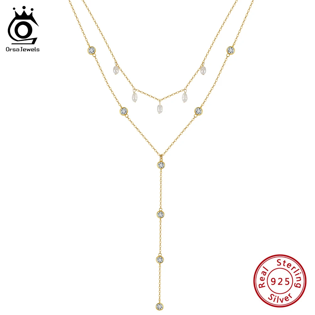 

ORSA JEWELS 925 Sterling Silver Tassel Y-shaped Zircon Chain Necklace Natural Pearl Exquisite Layer Y Chain Trendy Jewelry BQN31