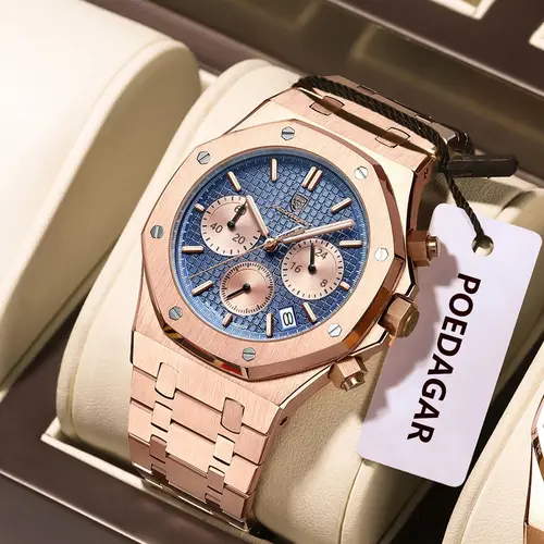 Imagen 2 del producto POEDAGAR, relojes de lujo para hombre, cronógrafo con fecha de acero inoxidable, reloj masculino, reloj de pulsera de cuarzo militar luminoso resistente al agua para hombre