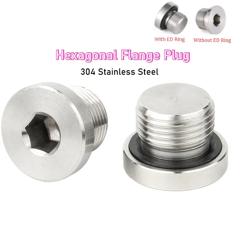 304 Stainless Steel Hexagonal Flange Plug M8 M10 M12 M14 M16 M18 M20 M22~M48 Oil Plug ED Sealing Ring Male Threaded Ring