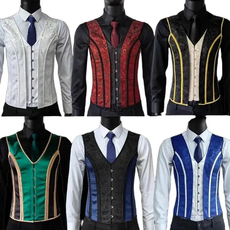 Brown Gothic Steampunk Corset Vest Men Victorian Brocade Waistcoat Lace Up Slim Fit Suit Vest For Medieval Performance Costume