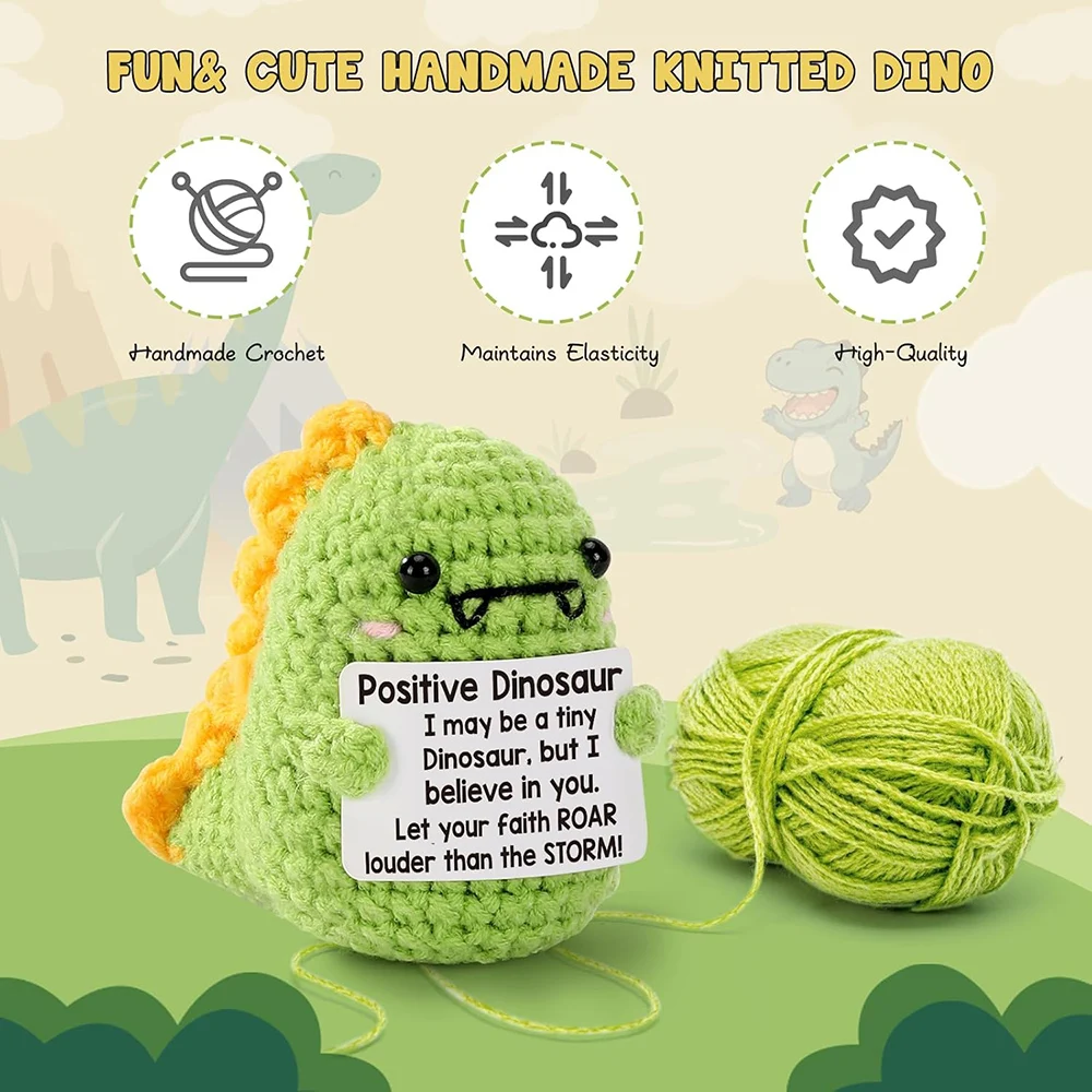 Positive Crochet Dinosaur Doll with Card Home Room Decor Handmade Knitting Emotional Support Dinosaur Ornament Christmas Gifts view 5